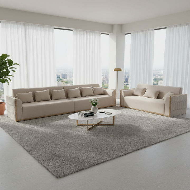 Translation missing: en.Elegant Beige Fabric 6+3 Seater Sofa Set with Wooden Accents 