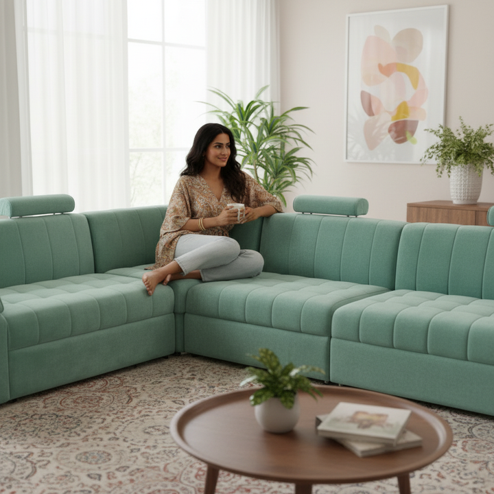 Translation missing: en.Luxury 9-Seater L-Shape Teal Blue Sectional Sofa with Adjustable Headrests &amp; Storage 