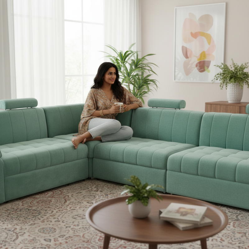 Luxury 9-Seater L-Shape Teal Blue Sectional Sofa with Adjustable Headrests & Storage 