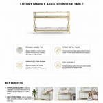 3-Tier Console Table with Ceramic Marble Top, Open Storage Shelves & Gold Metal Frame for Entryway, Hallway, Foyer and Living Room 
