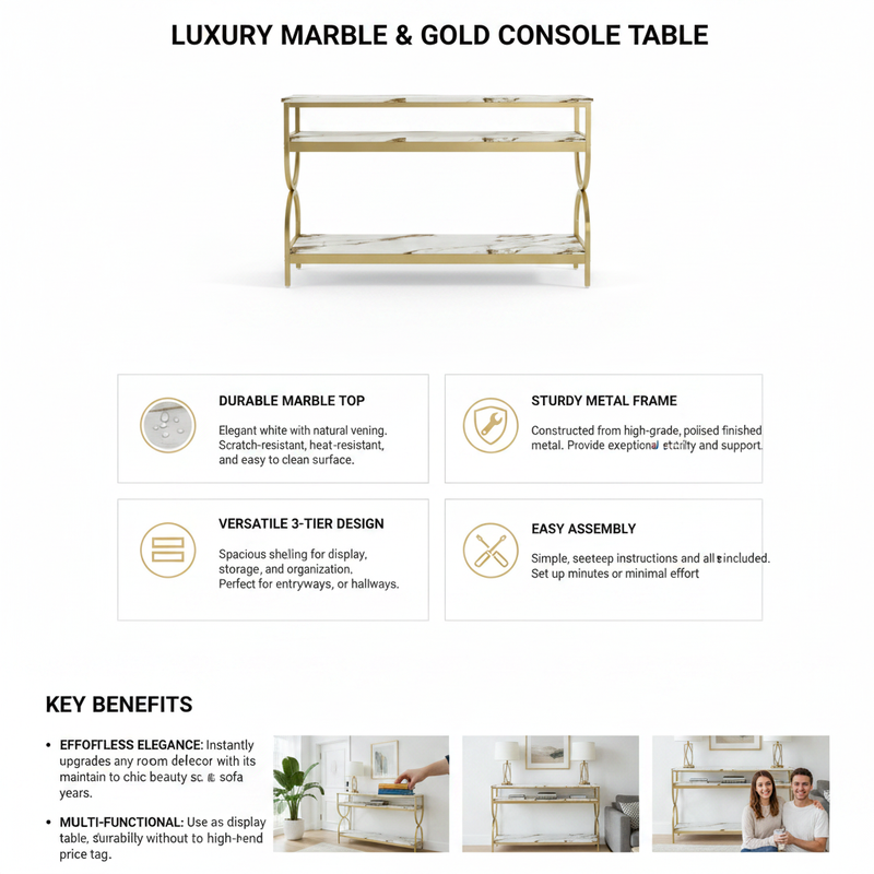 3-Tier Console Table with Ceramic Marble Top, Open Storage Shelves & Gold Metal Frame for Entryway, Hallway, Foyer and Living Room 