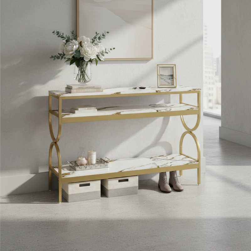 3-Tier Console Table with Ceramic Marble Top, Open Storage Shelves & Gold Metal Frame for Entryway, Hallway, Foyer and Living Room 