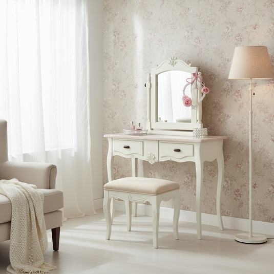 Translation missing: en.Wooden Antique Dressing Table with Stool for Living Room (White Finish) 