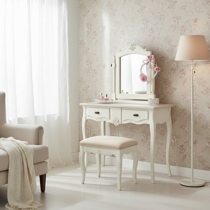 Translation missing: en.Wooden Antique Dressing Table with Stool for Living Room (White Finish) 