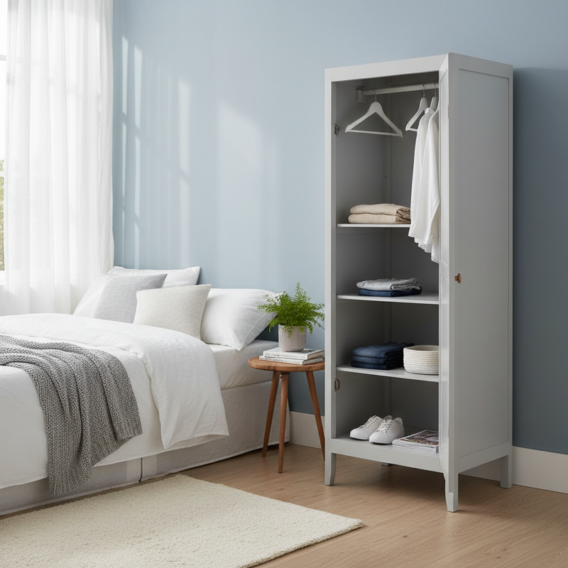 Mango Wood Single Doors Multipurpose Storage Kiev Wardrobe rah for Living Room | Grey 