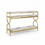 3-Tier Console Table with Ceramic Marble Top, Open Storage Shelves & Gold Metal Frame for Entryway, Hallway, Foyer and Living Room 