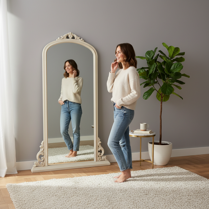 Translation missing: en.Mango Wood Thana Standing Wall Decorative Mirror Frame| Wooden Mirror | White Finish 