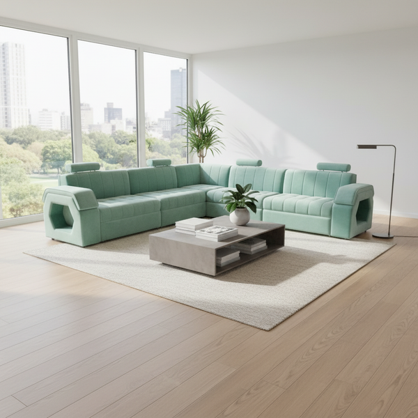 Luxury 9-Seater L-Shape Teal Blue Sectional Sofa with Adjustable Headrests & Storage 