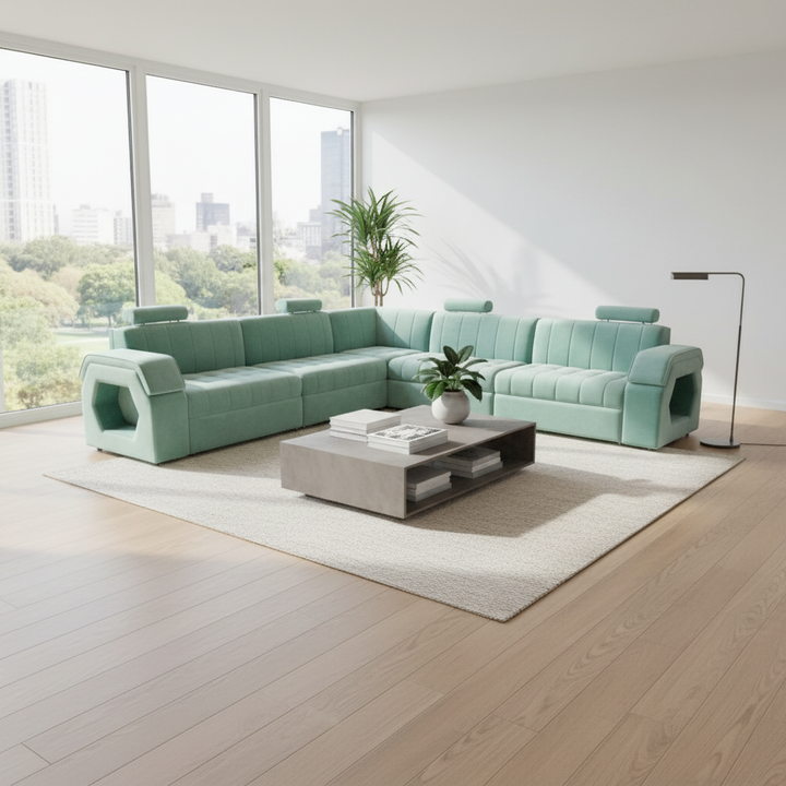 Translation missing: en.Luxury 9-Seater L-Shape Teal Blue Sectional Sofa with Adjustable Headrests &amp; Storage 