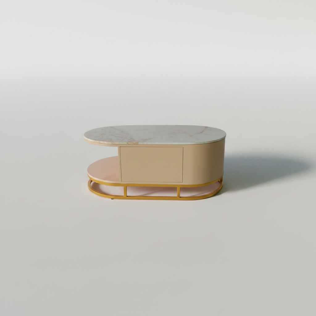 Mango Wood Coffee Table with Marble Top & 2 Drawers – Tan & Gold 