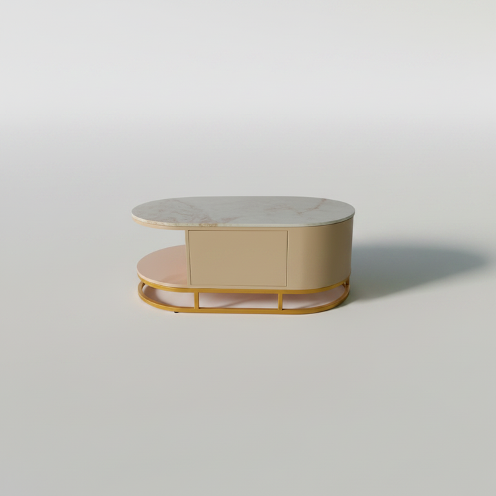 Translation missing: en.Mango Wood Coffee Table with Marble Top &amp; 2 Drawers – Tan &amp; Gold 
