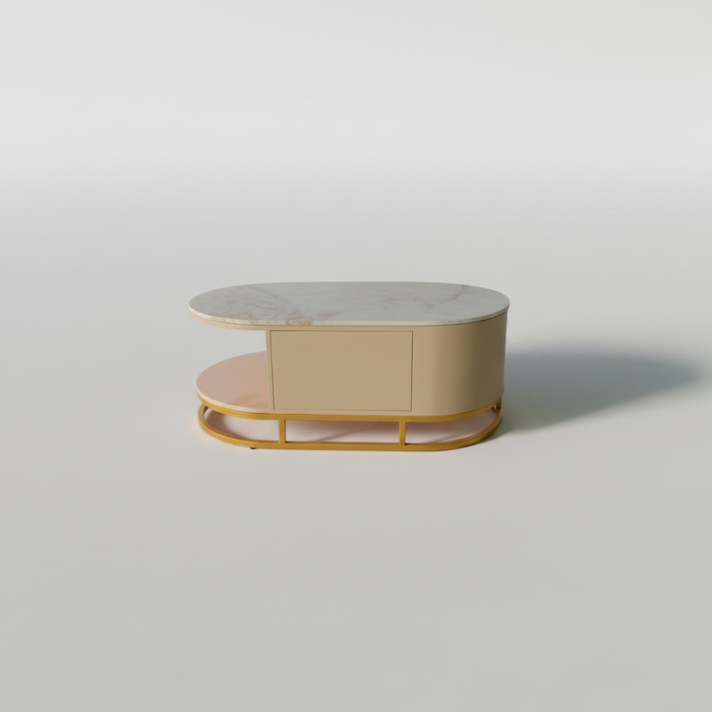 Mango Wood Coffee Table with Marble Top & 2 Drawers – Tan & Gold 