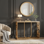 Narrow Console Table with Light Brown Ceramic Marble Top & Gold Metal Frame, Modern Entryway Accent Table for Hallway, Foyer, Living Room and Behind Sofa 