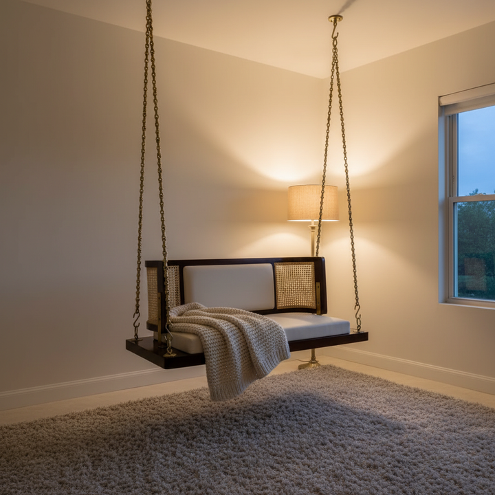 Translation missing: en.Solid Wood Swing with Cane Panel Backrest, Reversible &amp; Cushioned Jhula for Living Room, Balcony, Brass Chains, Cream Sheesham/ Provisional Teak Finish  swing