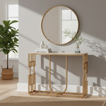 Narrow Console Table with Light Brown Ceramic Marble Top & Gold Metal Frame, Modern Entryway Accent Table for Hallway, Foyer, Living Room and Behind Sofa 