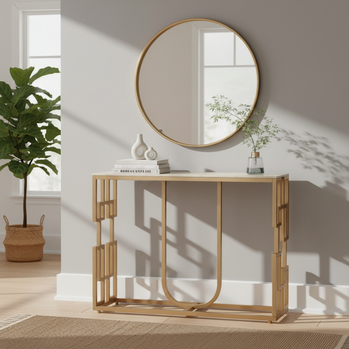 Translation missing: en.Narrow Console Table with Light Brown Ceramic Marble Top &amp; Gold Metal Frame, Modern Entryway Accent Table for Hallway, Foyer, Living Room and Behind Sofa 