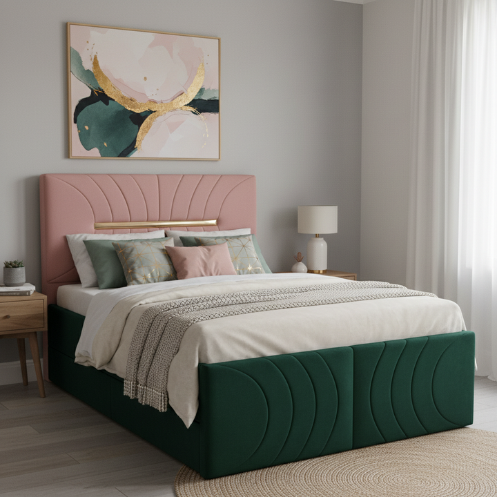 Translation missing: en.Premium Dual-Tone Velvet Queen Bed with Box Storage – Green &amp; Pink 