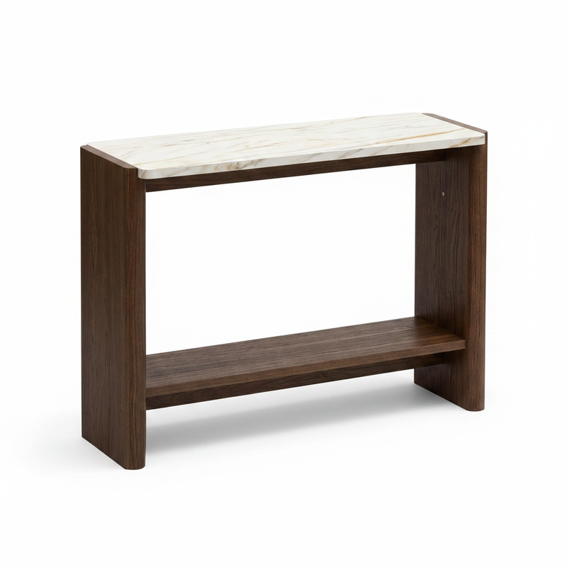 Farmhouse 2-Tier Console Table with Ceramic Marble Top & Mango Wood Base, Slim Entryway Sofa Table for Hallway, Foyer and Living Room 