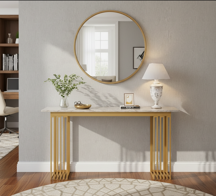 Translation missing: en.Modern Console Table with White Ceramic Marble Top, Gold Metal Frame &amp; Open Storage Shelves, Narrow Entryway Table for Hallway, Foyer and Living Room 