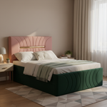 Premium Dual-Tone Velvet Queen Bed with Box Storage – Green & Pink 
