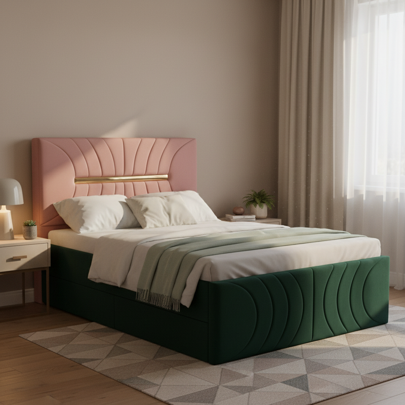 Premium Dual-Tone Velvet Queen Bed with Box Storage – Green & Pink 