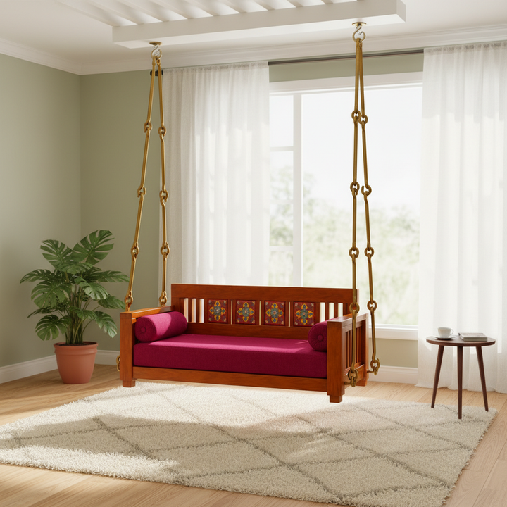 Translation missing: en.Wooden Jhula Swing with Hand-Painted Floral Tiles &amp; Magenta Cushion 