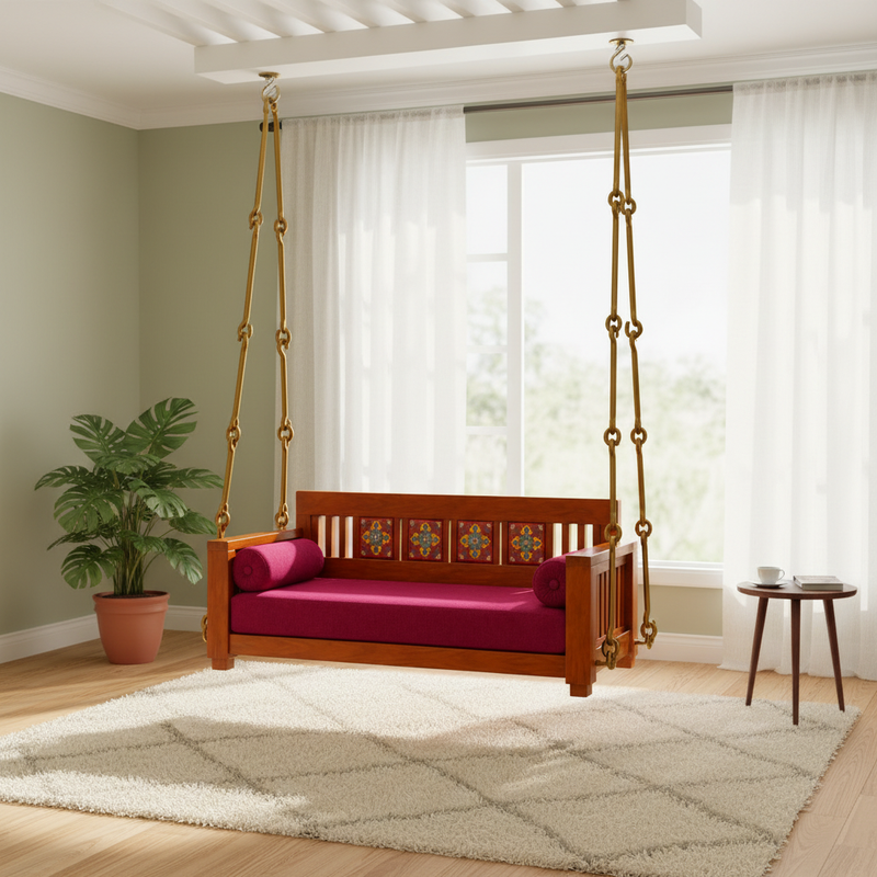 Wooden Jhula Swing with Hand-Painted Floral Tiles & Magenta Cushion 