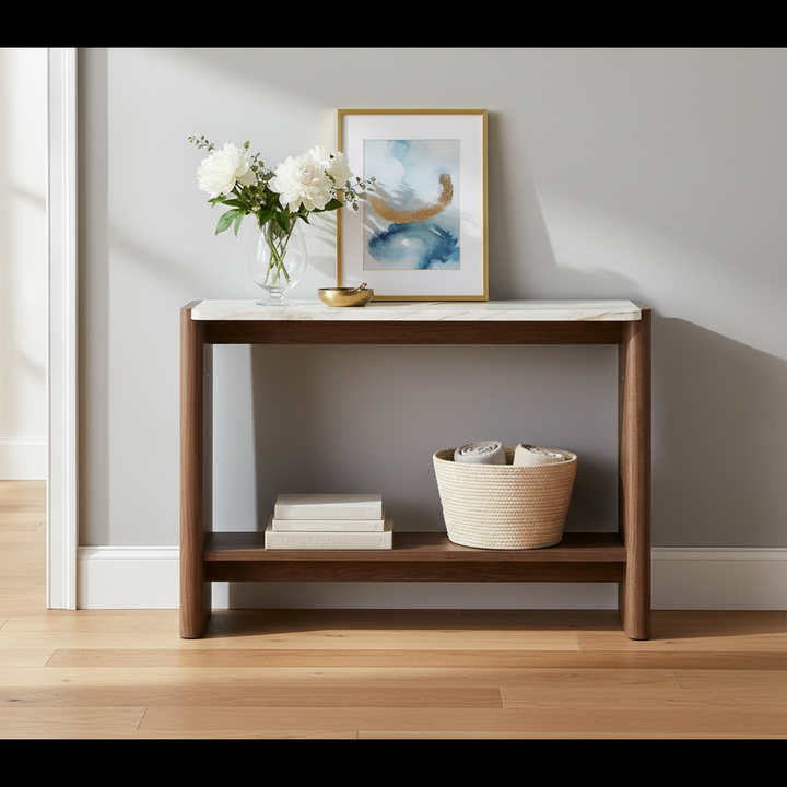 Translation missing: en.Farmhouse 2-Tier Console Table with Ceramic Marble Top &amp; Mango Wood Base, Slim Entryway Sofa Table for Hallway, Foyer and Living Room 