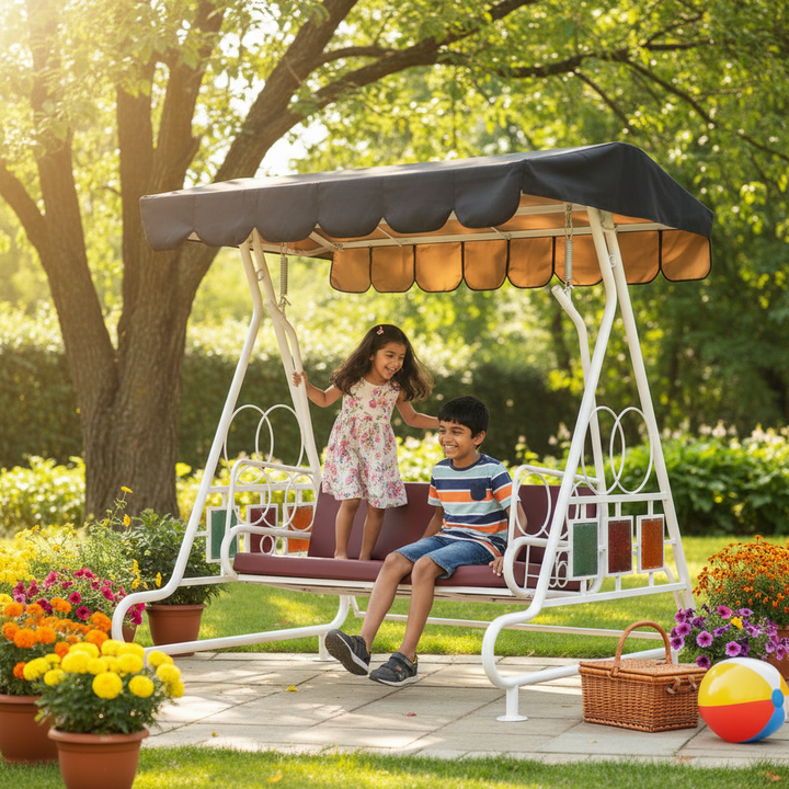 Translation missing: en.Outdoor Garden Swing with Canopy Dark Magenta + Black Fabric And Metal Frame White Powdercoted Finish 