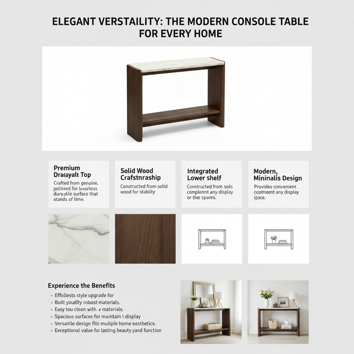Translation missing: en.Farmhouse 2-Tier Console Table with Ceramic Marble Top &amp; Mango Wood Base, Slim Entryway Sofa Table for Hallway, Foyer and Living Room 