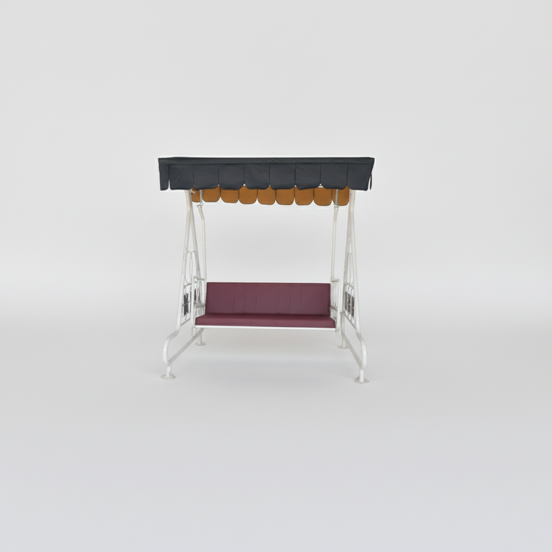 Outdoor Garden Swing with Canopy Dark Magenta + Black Fabric And Metal Frame White Powdercoted Finish 