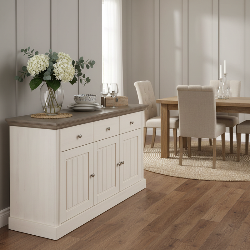 Solid Wood Alegre Sideboard 3 Door Storage Cabinet for Living Room | White 