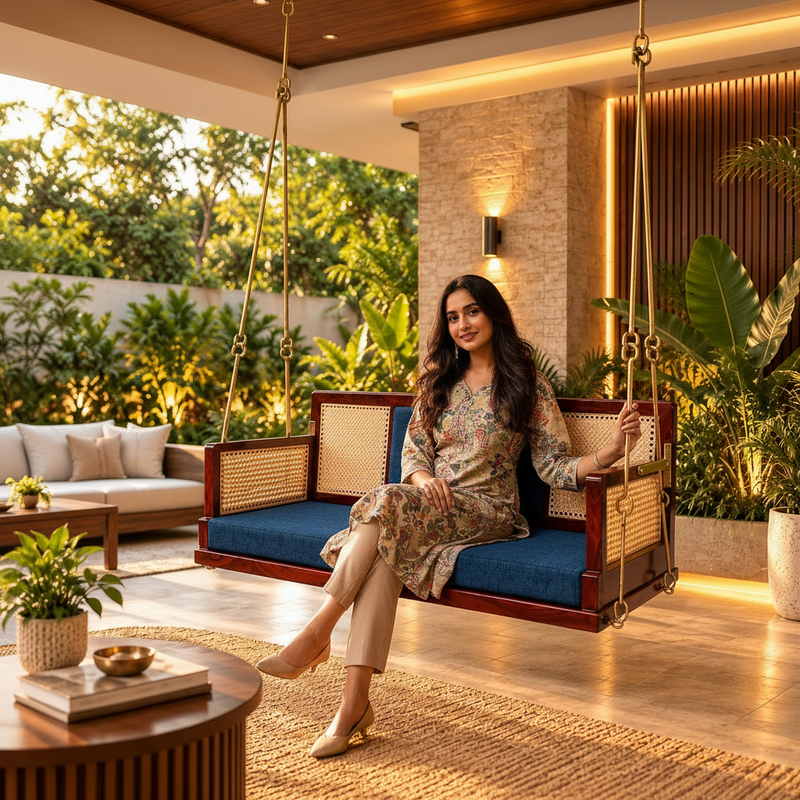 Wooden Cane Reversible Swing (Jhula) with Brown Tufted Cushions and Chain 