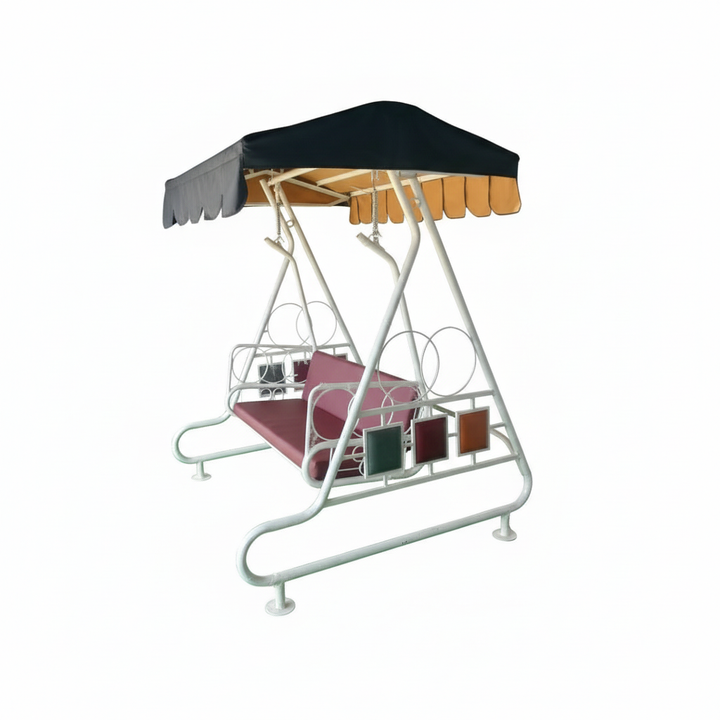 Translation missing: en.Outdoor Garden Swing with Canopy Dark Magenta + Black Fabric And Metal Frame White Powdercoted Finish 
