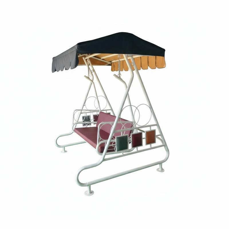 Outdoor Garden Swing with Canopy Dark Magenta + Black Fabric And Metal Frame White Powdercoted Finish 