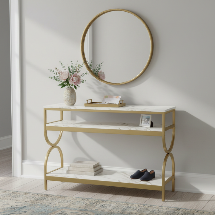 Translation missing: en.3-Tier Console Table with Ceramic Marble Top, Open Storage Shelves &amp; Gold Metal Frame for Entryway, Hallway, Foyer and Living Room 