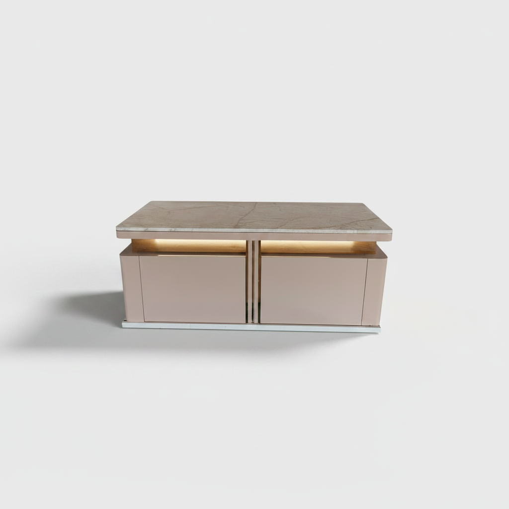 Mango Wood Coffee Table with Marble Top & 4 Drawers – Tan 