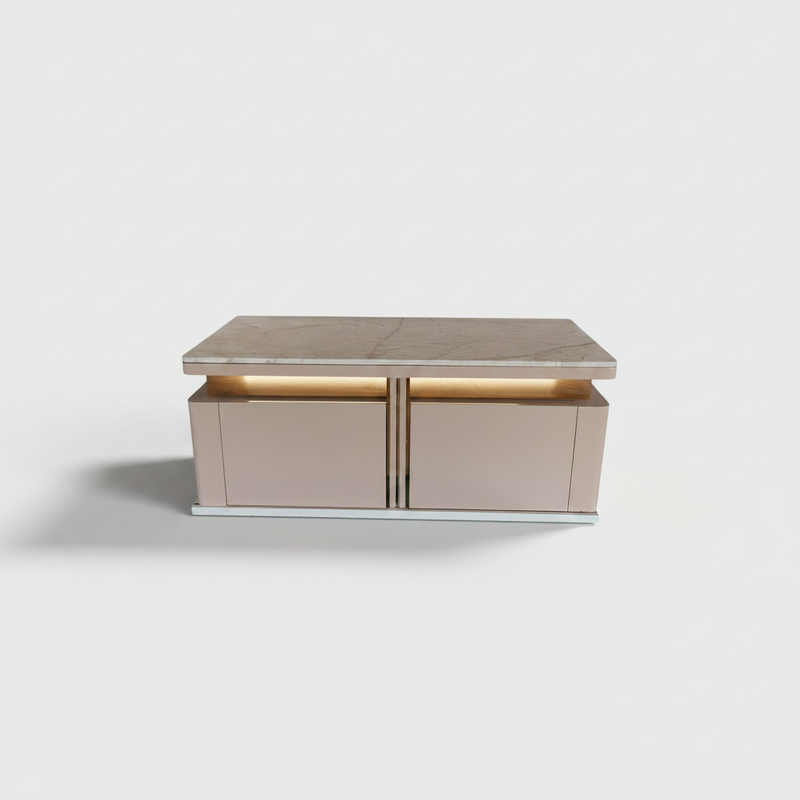 Mango Wood Coffee Table with Marble Top & 4 Drawers – Tan 