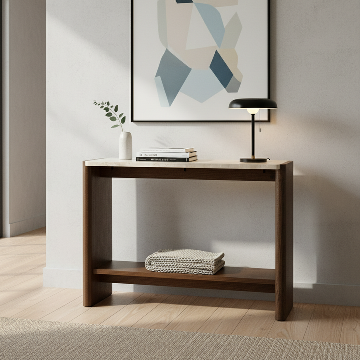 Translation missing: en.Farmhouse 2-Tier Console Table with Ceramic Marble Top &amp; Mango Wood Base, Slim Entryway Sofa Table for Hallway, Foyer and Living Room 