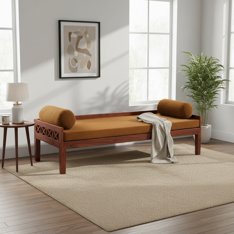 Solid Mango Wood Dewan Sofa Bed with Cushion for Living Room Hall (Solid Wood) 