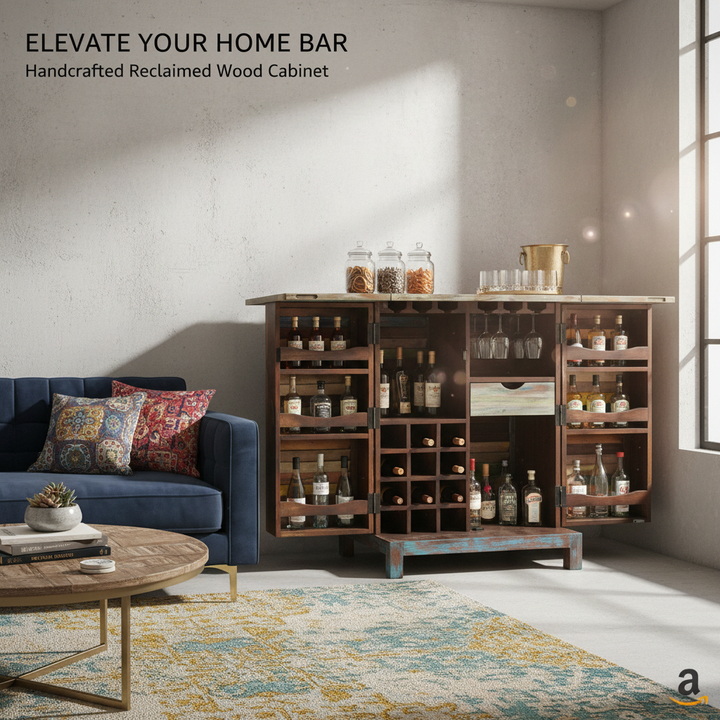 Translation missing: en.Mango Wood Peetz Royal Stylish Bar Cabinet with Wine Glass Storage for Living Room | Chestnut Finish 