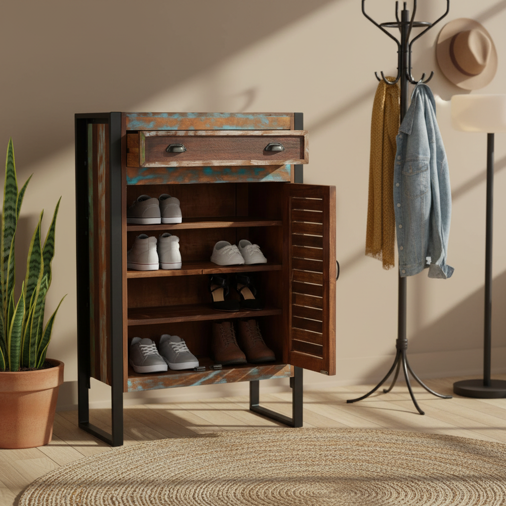 Reclaimed Wood Mauri 2-Door Shoe Cabinet with Drawer Storage Shoe Rack Organiser for Home