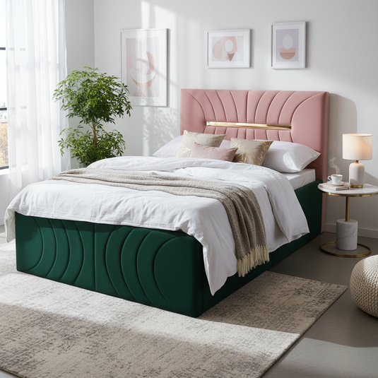 Translation missing: en.Premium Dual-Tone Velvet Queen Bed with Box Storage – Green &amp; Pink 