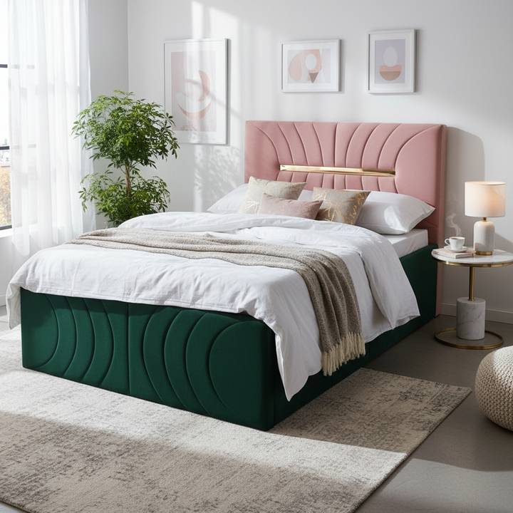 Translation missing: en.Premium Dual-Tone Velvet Queen Bed with Box Storage – Green &amp; Pink 