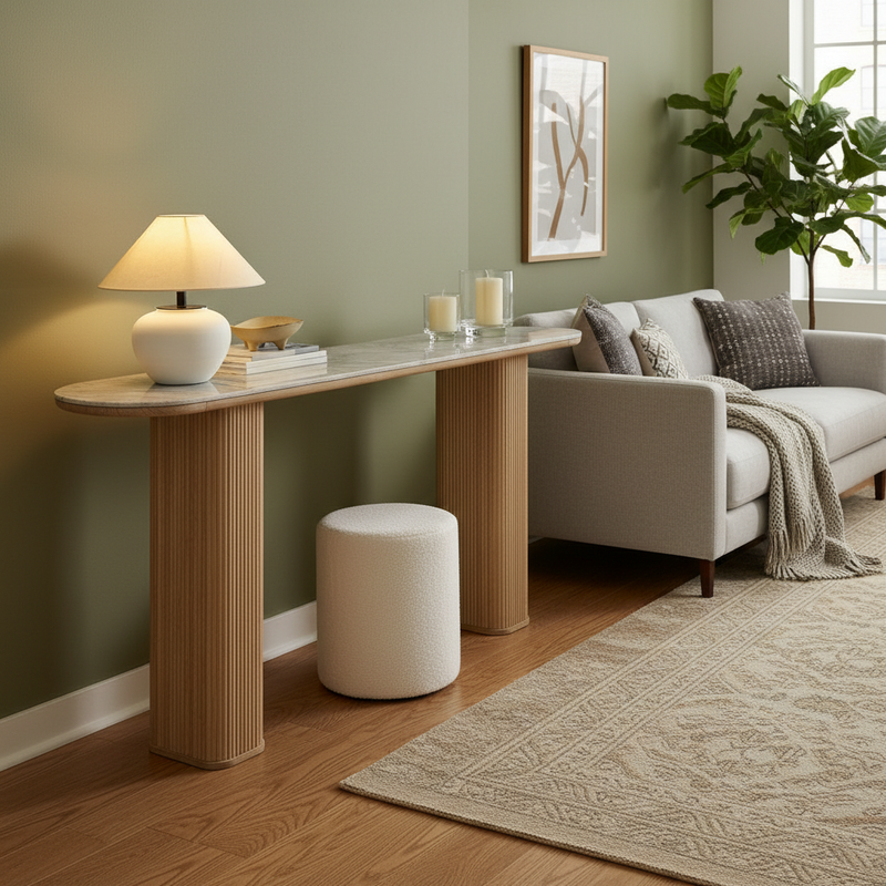 Ceramic Marble Top Console Table with Natural Mango Wood Base, Narrow Entryway and Sofa Table for Hallway, Foyer, Living Room and Home Décor 