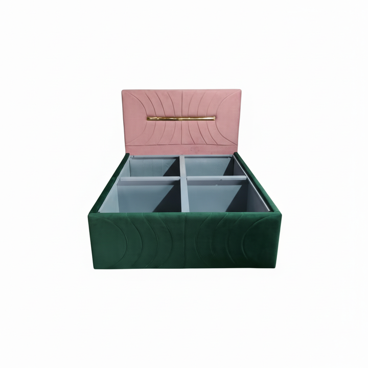 Translation missing: en.Premium Dual-Tone Velvet Queen Bed with Box Storage – Green &amp; Pink 