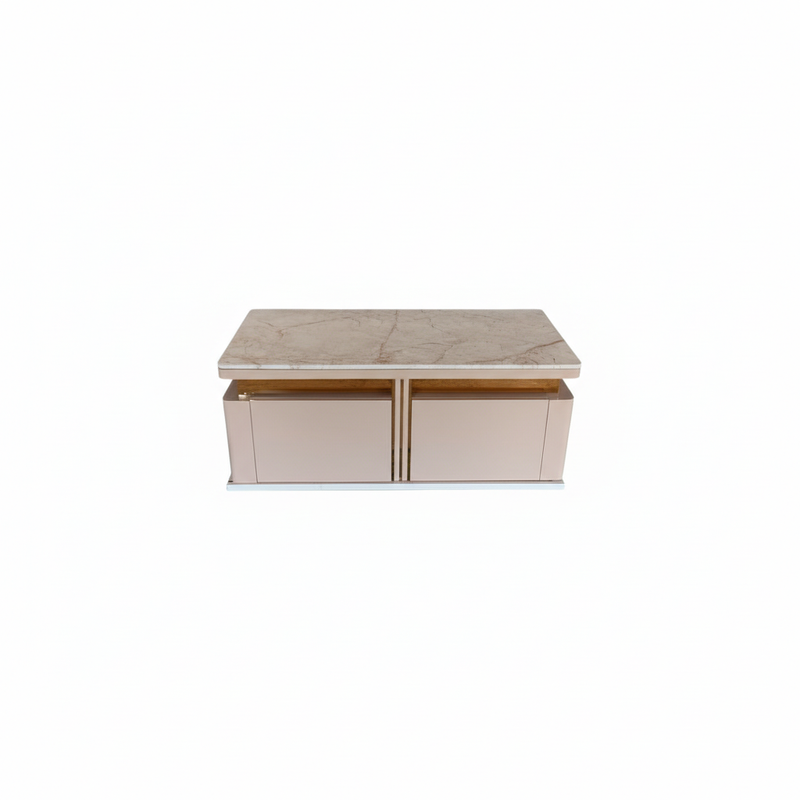 Mango Wood Coffee Table with Marble Top & 4 Drawers – Tan 
