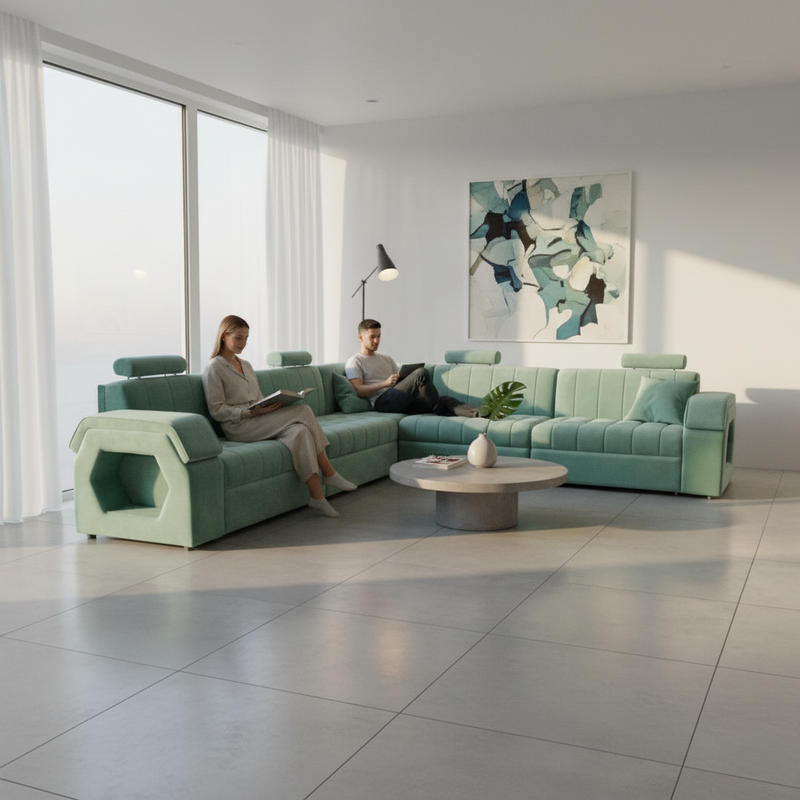 Luxury 9-Seater L-Shape Teal Blue Sectional Sofa with Adjustable Headrests & Storage 