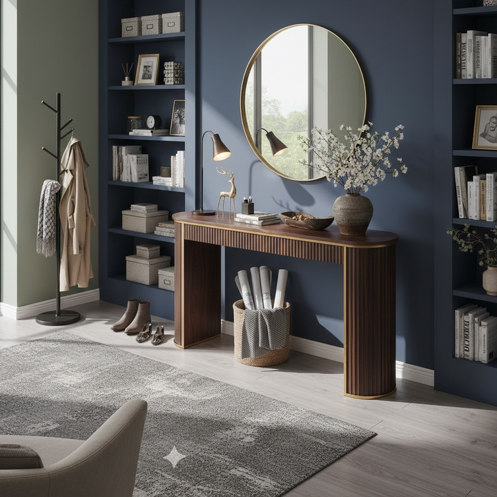 Translation missing: en.Modern Fluted Console Table with Ceramic Marble Top &amp; Dark Walnut Finish, Long Narrow Entryway Sofa Table for Hallway, Foyer and Living Room 