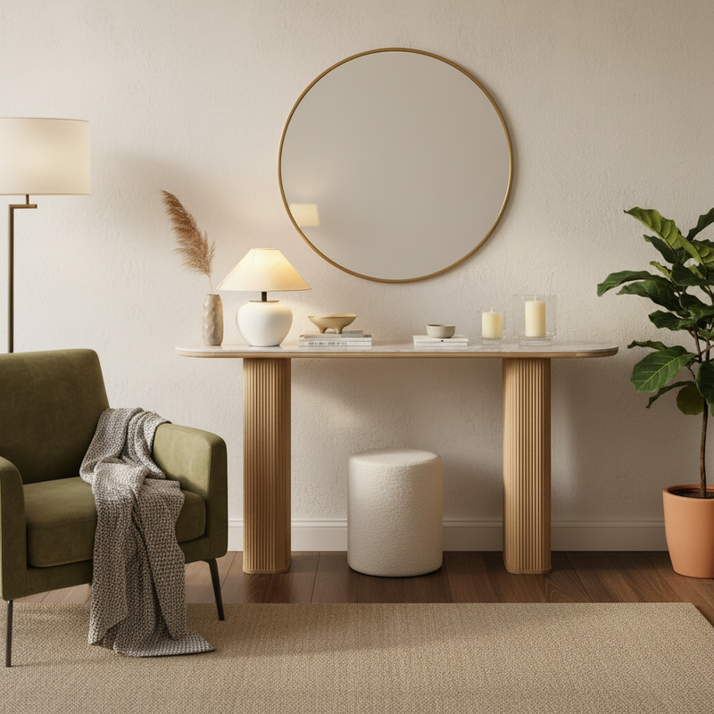 Ceramic Marble Top Console Table with Natural Mango Wood Base, Narrow Entryway and Sofa Table for Hallway, Foyer, Living Room and Home Décor 